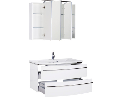 Badezimmerset mit Waschtischunterschrank mit zwei Schubladen und Spiegelschrank mit drei Türen