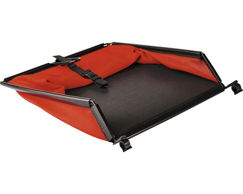 Gartengeräte-Auffangvorrichtung mit rotem Netz und schwarzem Rahmen.