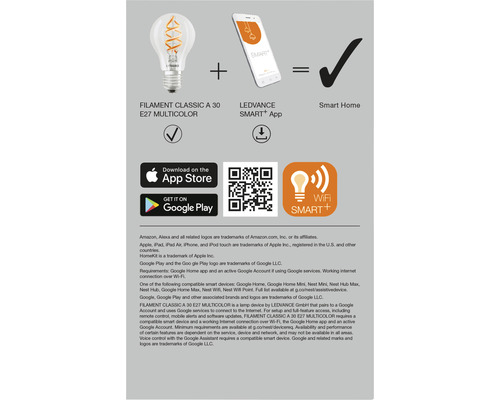 Produktinformation: Filament Classic A 30 E27 Multicolor Lampe, Ledvance Smart Plus App und Smart Home Funktion