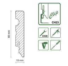 Technische Zeichnung eines Clip-Profils mit den Maßen 80 mm Höhe und 15 mm Breite sowie Symbole zur Montage.