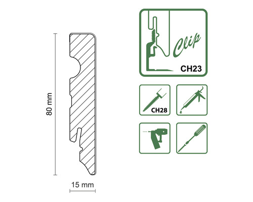 Technische Zeichnung eines Clip-Profils mit den Maßen 80 mm Höhe und 15 mm Breite sowie Symbole zur Montage.