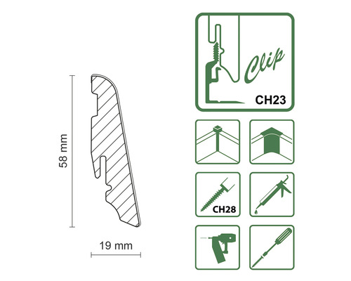Diagramm einer Sockelleiste mit den Maßen 58 mm Höhe und 19 mm Breite sowie Symbole für Clipmontage, Eckverbindungen und Befestigungsmethoden.