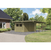 Holzgartenhaus mit Carport im Garten