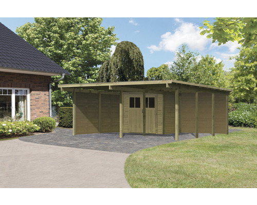 Doppelcarport Karibu Eco 2 Set mit integriertem Abstellraum 3,7 m², 2 Seitenwänden und einer Rückwand 509x576 cm kesseldruckimprägniert