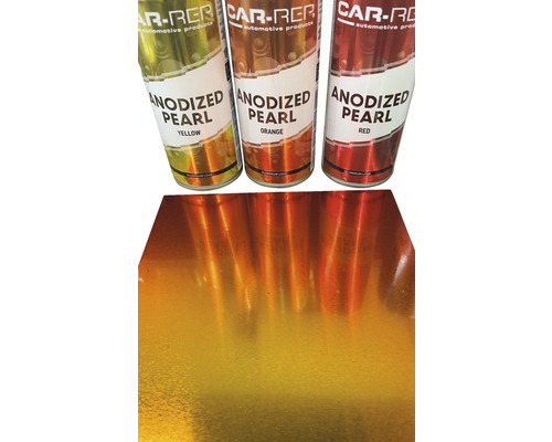 Drei Dosen Car-Rep Anodized Pearl Lack in Gelb, Orange und Rot.