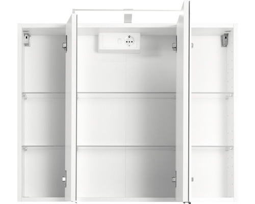 Offener Spiegelschrank mit Einlegeböden und Steckdose