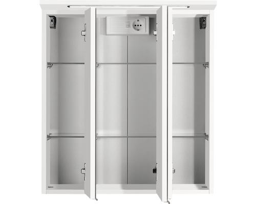 Offener Spiegelschrank mit Steckdose und Glasablagen