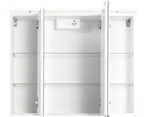 Offener Spiegelschrank mit Steckdose und Glasböden