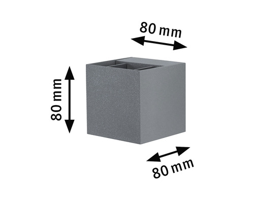 Abbildung einer grauen, würfelförmigen Wandleuchte mit den Maßen 80 mm x 80 mm x 80 mm.