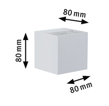 Abbildung einer würfelförmigen Leuchte mit den Maßen 80 mm x 80 mm x 80 mm.