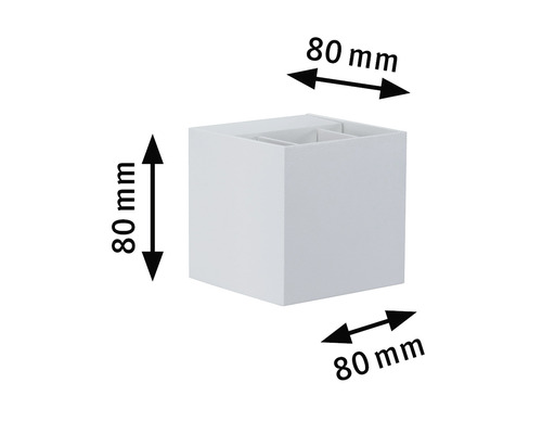 Abbildung einer würfelförmigen Leuchte mit den Maßen 80 mm x 80 mm x 80 mm.