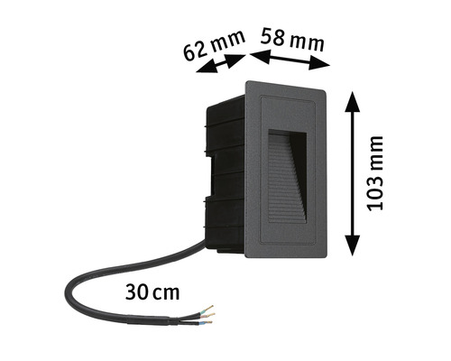 Stufenbeleuchtung mit den Maßen 62 mm x 58 mm x 103 mm und einem 30 cm langen Kabel