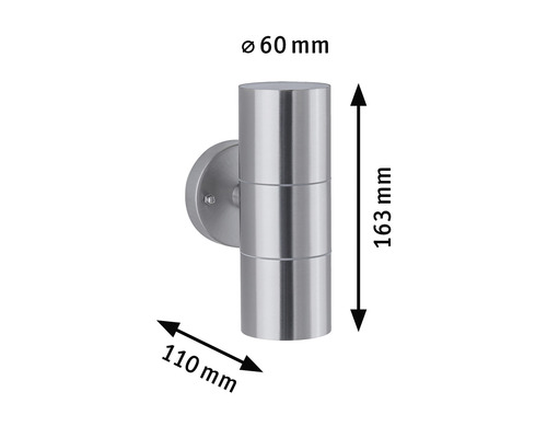 Edelstahl Wandleuchte mit den Maßen 60 mm Durchmesser, 110 mm Breite und 163 mm Höhe.