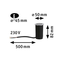 Technische Zeichnung einer Bodeneinbauleuchte mit den Maßen: Durchmesser 50 mm, Höhe 82 mm, Kabellänge 500 mm, Durchmesser des Einbaulochs 45 mm, 230 Volt Spannung