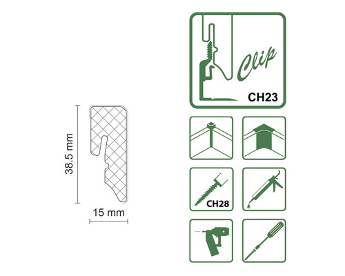 Clip CH23 zur Befestigung, Größe 38,5 x 15 Millimeter