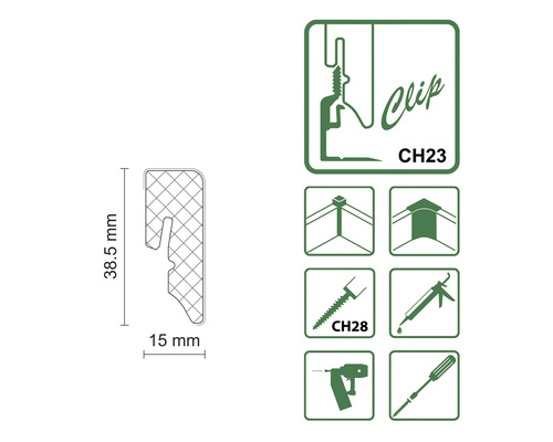 Darstellung eines Clips mit den Maßen 38,5 mm x 15 mm und zugehörigen Symbolen.
