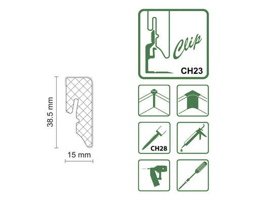 Darstellung des Clipsystems CH23 mit Montagehinweisen und Maßangaben.
