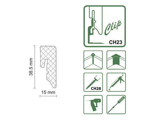 Darstellung Clip CH23 mit Maßangaben und Anwendungsbeispielen