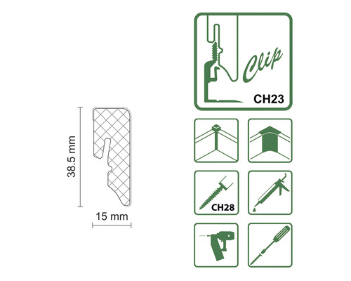 Technische Zeichnung eines Clips mit den Maßen 38,5 mm Höhe und 15 mm Breite, sowie Symbole für Montage und Zubehör