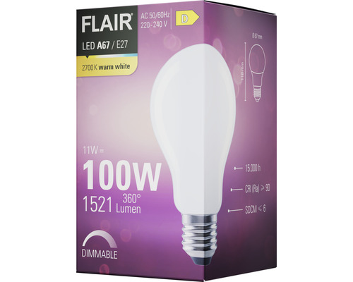 Verpackung einer dimmbaren Flair LED Lampe A67 E27 mit 2700 Kelvin warmweiß