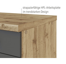Detailansicht einer Kommode mit strapazierfähiger HPL-Arbeitsplatte im trendigen Design
