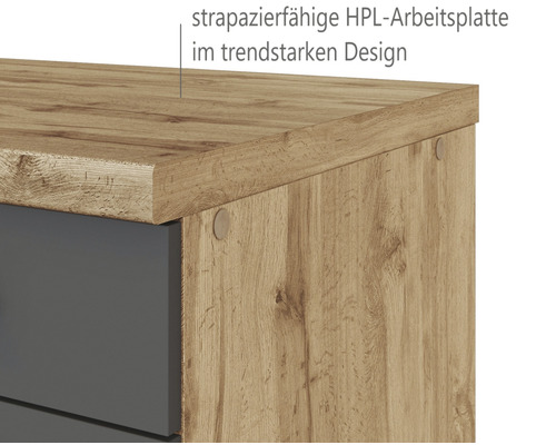 Detailansicht einer Kommode mit strapazierfähiger HPL-Arbeitsplatte im trendigen Design