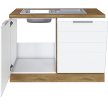 Spülenunterschrank mit Arbeitsplatte und einer offenen sowie einer geschlossenen Tür