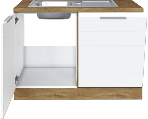 Spülenunterschrank mit Arbeitsplatte und einer offenen sowie einer geschlossenen Tür