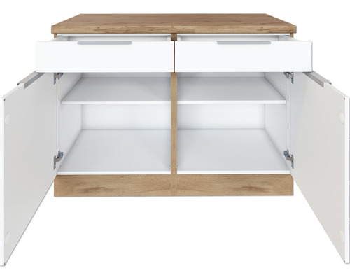 Offener Badschrank mit Schubladen und Regalböden