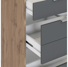 Kommode mit offenen Schubladen in Grau und Holzoptik