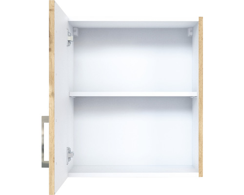 Offener weißer Badezimmerschrank mit Einlegeboden