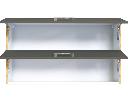 Wandschrank mit zwei grauen Klappen und Griffen