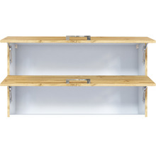 Geöffneter Badezimmerschrank mit zwei Regalböden und Griffen