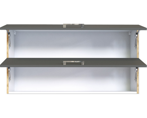 Wandschrank mit zwei grauen Klappen und Griffen