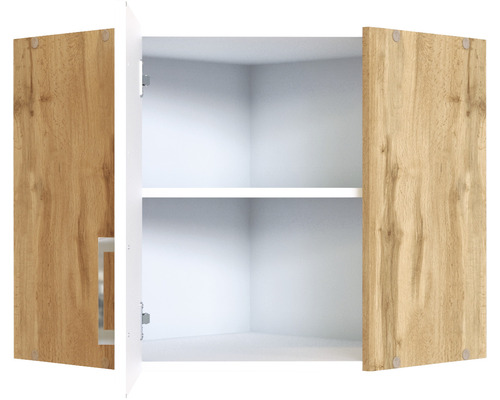 Offener Wandschrank mit Holztüren und zwei Einlegeböden