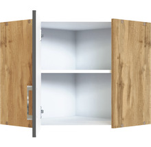 Offener Hängeschrank mit Holztüren und zwei Ablageflächen