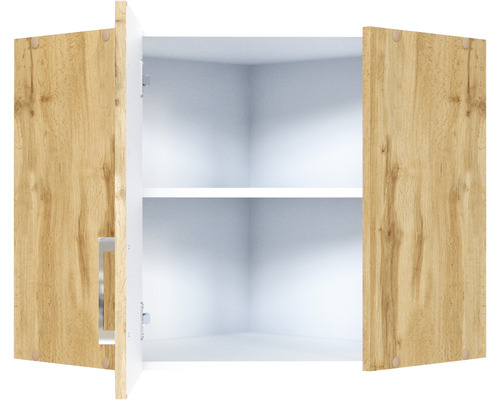 Offener Eckhängeschrank mit zwei Einlegeböden und Holztüren