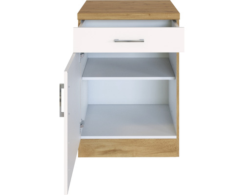 Badezimmerschrank mit offener Tür, Schublade und Einlegeböden