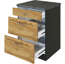 Unterschrank mit drei Schubladen in Holzoptik und grauer Arbeitsplatte