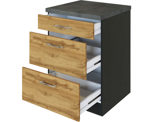 Unterschrank mit drei Schubladen in Holzoptik und grauer Arbeitsplatte