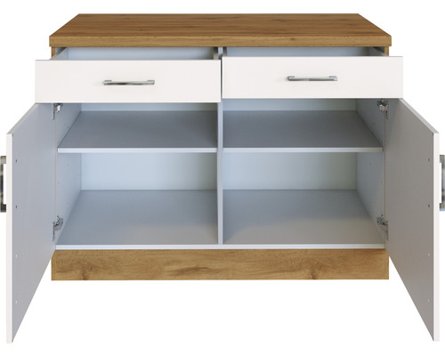 Kommode mit zwei Schubladen und zwei offenen Türen