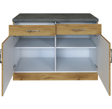 Unterschrank mit zwei Schubladen, zwei offenen Türen und Einlegeböden