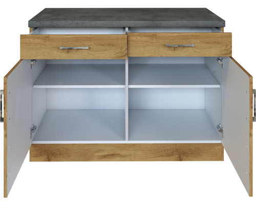 Unterschrank mit zwei Schubladen, zwei offenen Türen und Einlegeböden