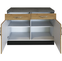 Unterschrank mit zwei Schubladen, zwei offenen Türen und Einlegeböden