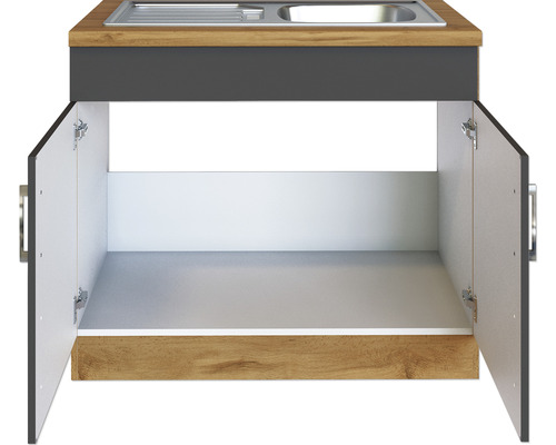 Waschtischunterschrank mit geöffneten Türen und Spüle