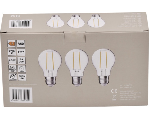 Verpackung mit drei LED Leuchtmitteln A60, E27, 4,5 Watt, 470 Lumen