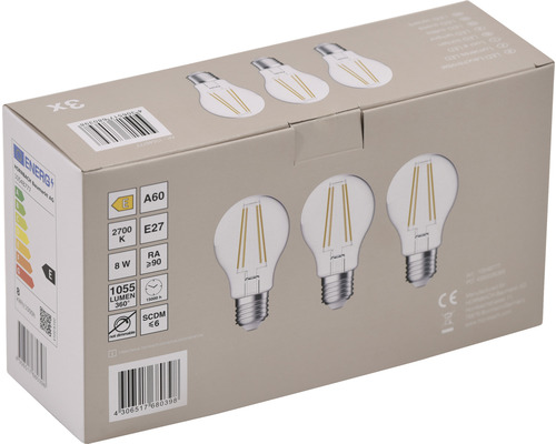 Packung mit drei E27 LED Lampen mit 8 Watt Leistung