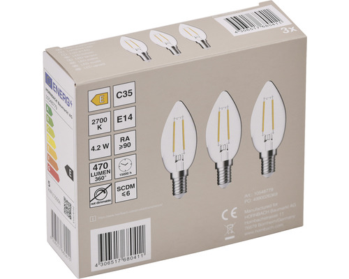 Packung mit drei LED-Leuchtmitteln in Kerzenform, Fassung E14, nicht dimmbar.