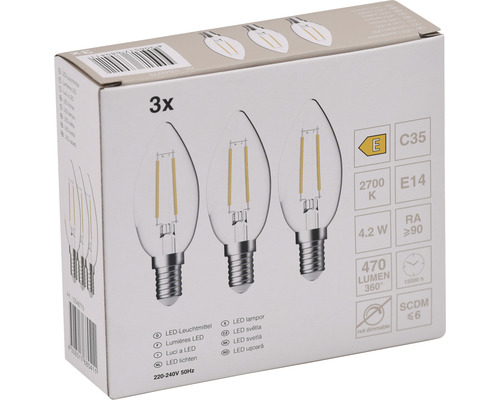 Packung mit drei LED-Leuchtmitteln in Tropfenform, Fassung E14, 4,2 Watt