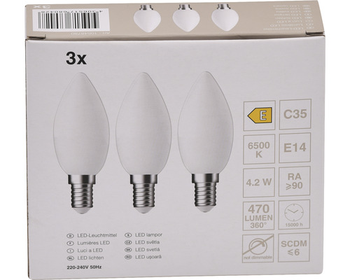 Verpackung mit drei LED Leuchtmitteln, E14 Fassung, C35 Form